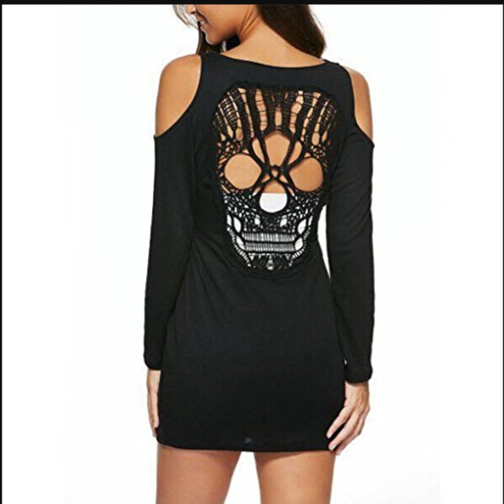 Black Long Mini Long Sleeve Dress Sugar Skull Cut Out Back Tags Attached READ